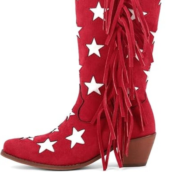 Cowgirl Boots Stars Block Heels Fringed Pull On Faux Suede Under the Knee-RED - Picture 5 of 6